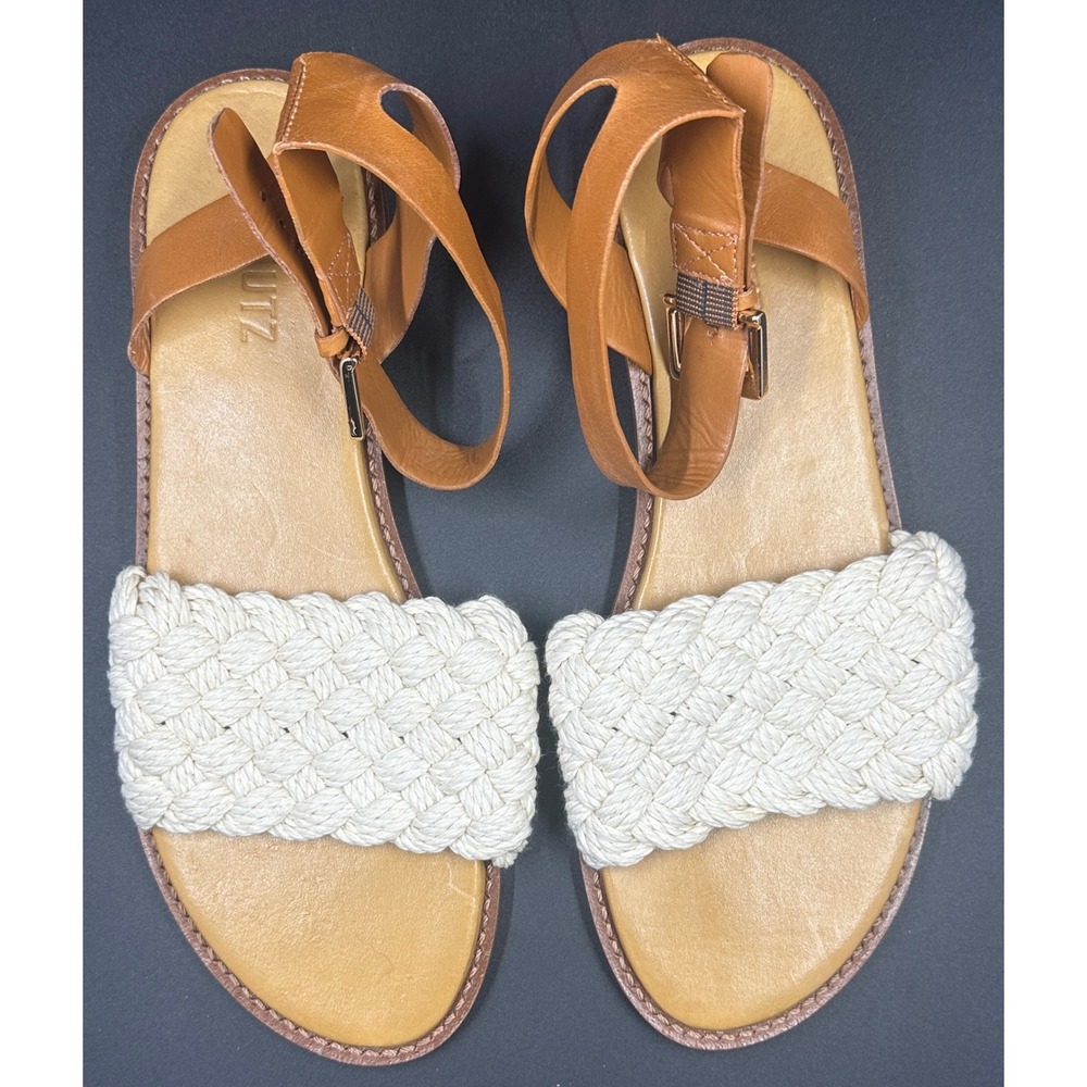 Schutz Isabel Flat Woven Rope Leather Ankle Strap Sandals Tan Cream Women's 9B